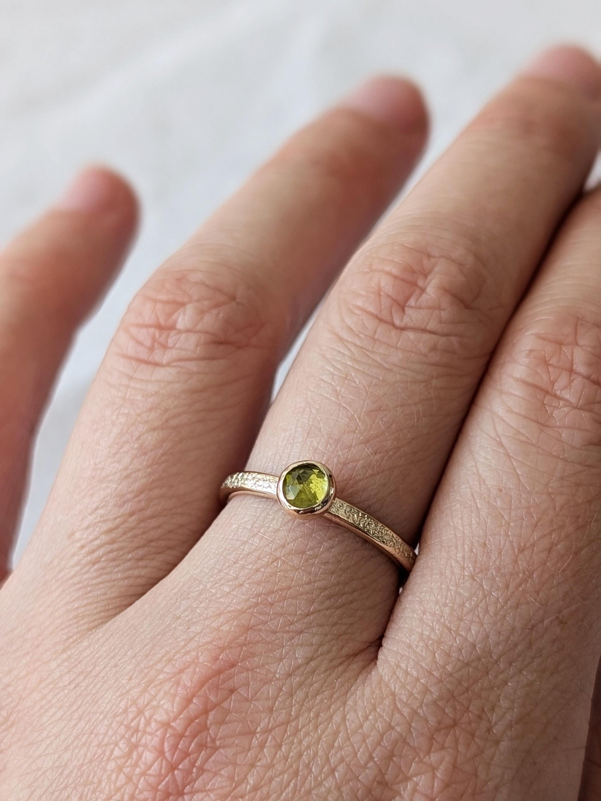 Solid Stardust Gemstone 9ct Recycled Gold Band Ring ~ stacking ring, textured, stackable, gold, wedding, engagement, peridot