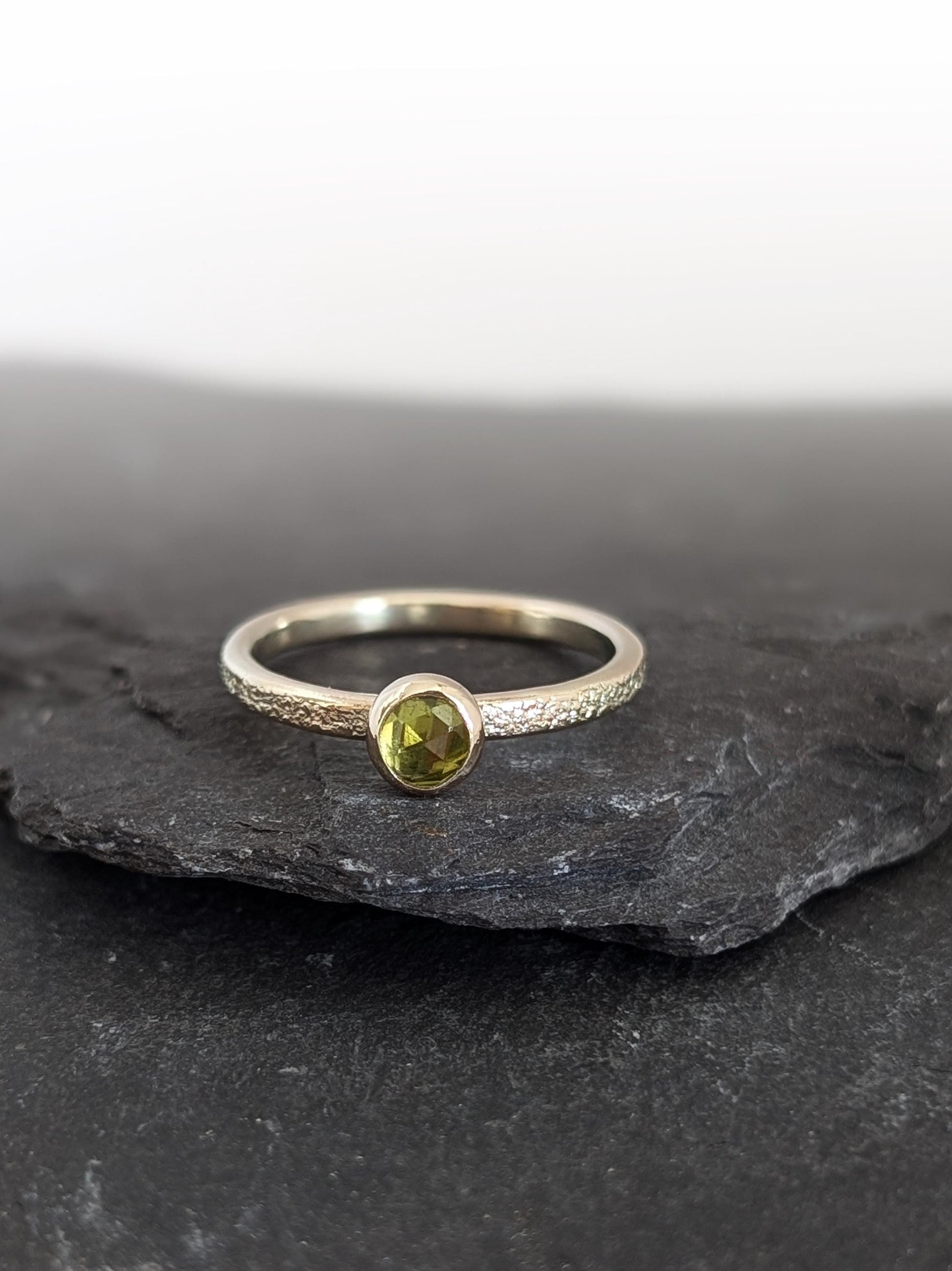 Solid Stardust Gemstone 9ct Recycled Gold Band Ring ~ stacking ring, textured, stackable, gold, wedding, engagement, peridot