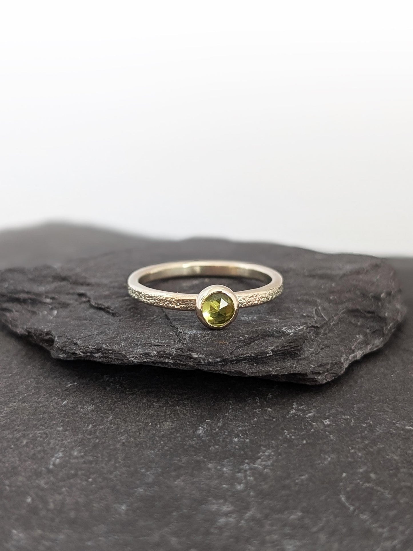 Solid Stardust Gemstone 9ct Recycled Gold Band Ring ~ stacking ring, textured, stackable, gold, wedding, engagement, peridot