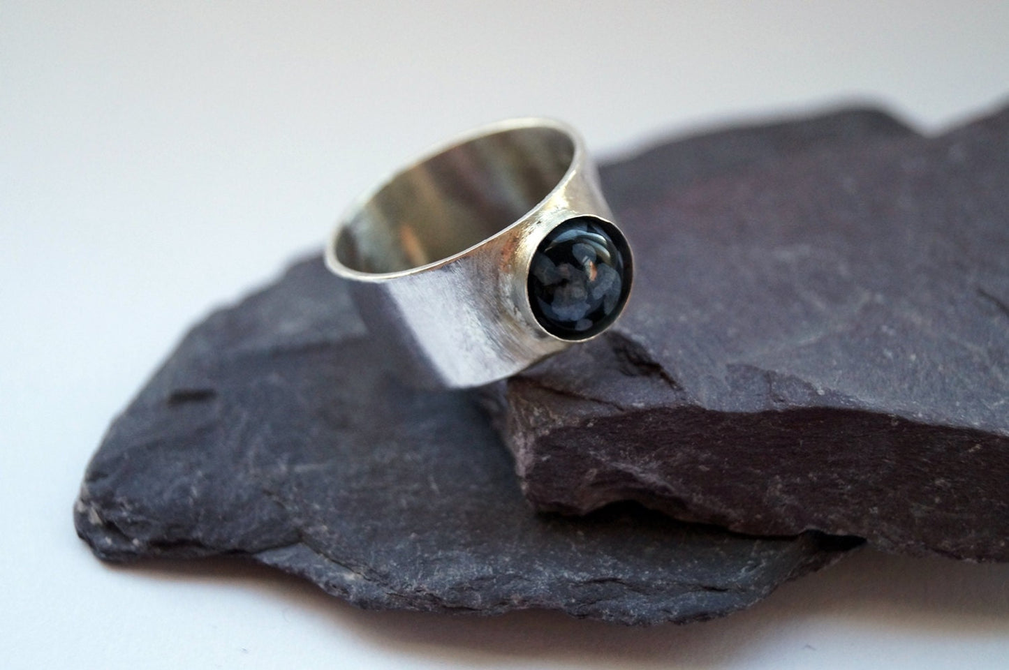 Snowflake Obsidian Wide Sterling Silver Ring
