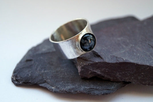 Snowflake Obsidian Wide Sterling Silver Ring
