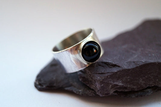 Black Onyx Wide Sterling Silver Ring