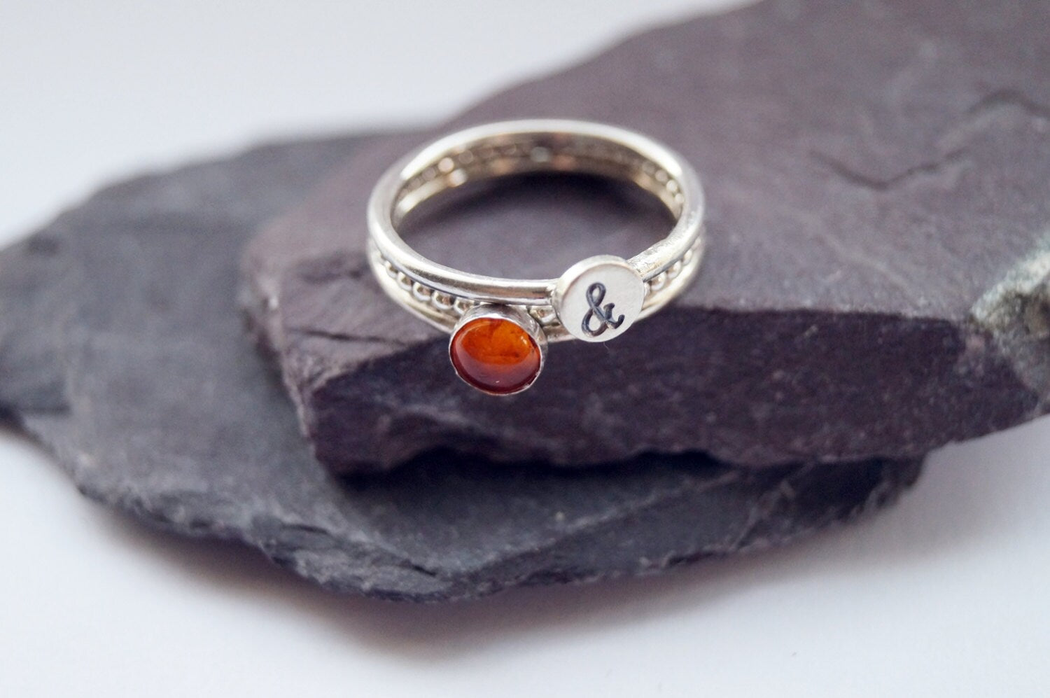 Personalised Gemstone & Stamped Sterling Silver Ring Trio ~ stackable, initial, gift for her, recycled, name