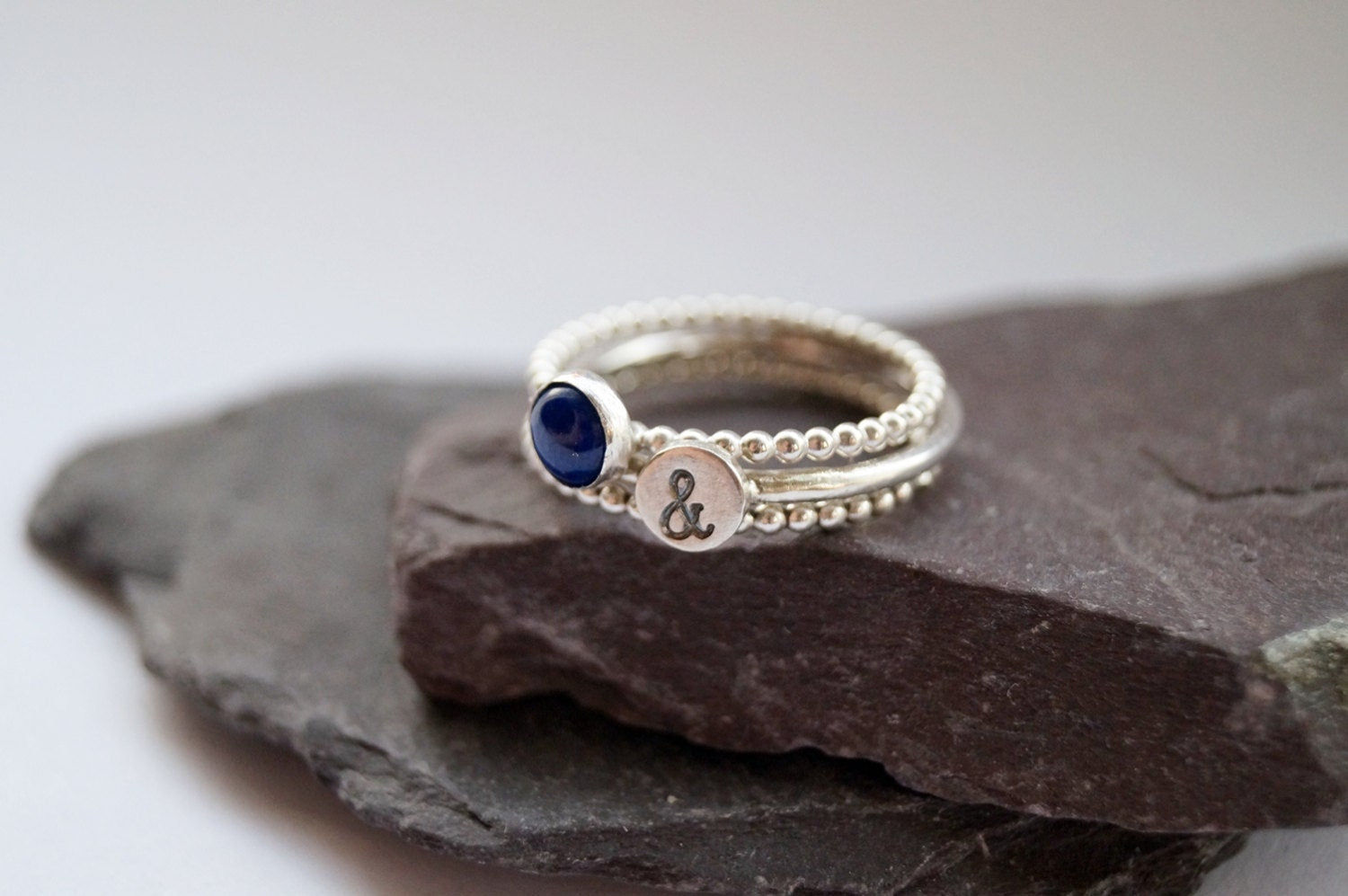 Personalised Beaded Gemstone & Stamped Sterling Silver Ring Trio ~ stackable, initial, gift for her, recycled, name
