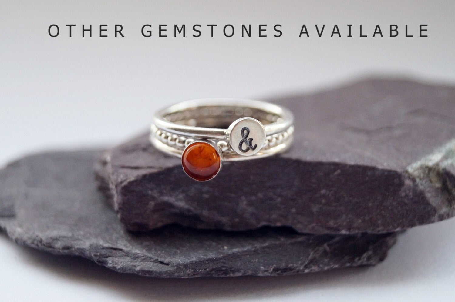 Personalised Gemstone & Stamped Sterling Silver Ring Trio