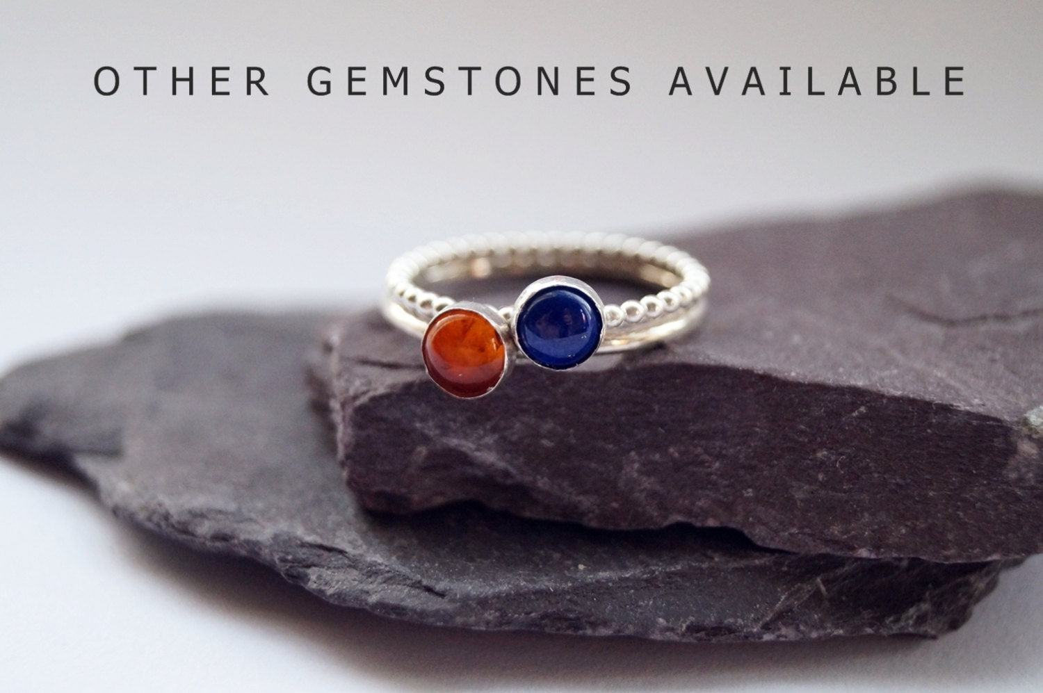 Amber & Lapis Lazuli Gemstone Recycled Sterling Silver Stacking Rings