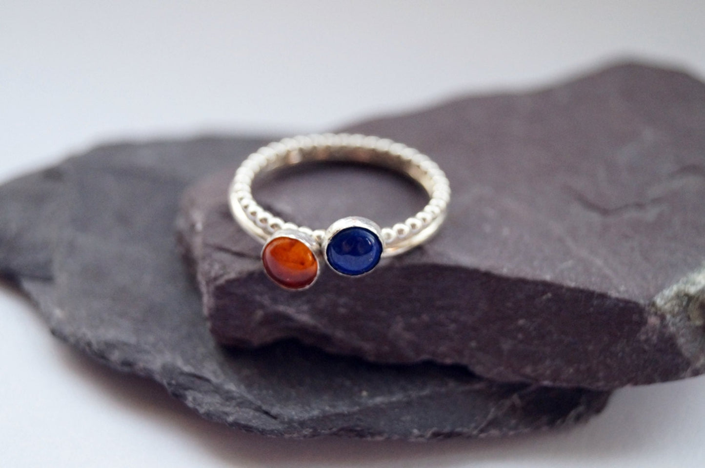 Amber & Lapis Lazuli Gemstone Recycled Sterling Silver Stacking Rings