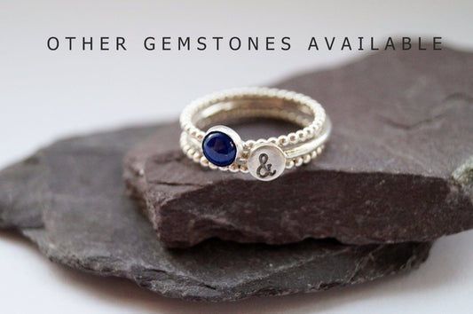 Personalised Beaded Gemstone & Stamped Sterling Silver Ring Trio