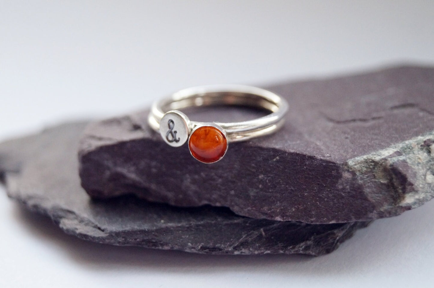 Personalised Gemstone & Stamped Sterling Silver Ring Duo
