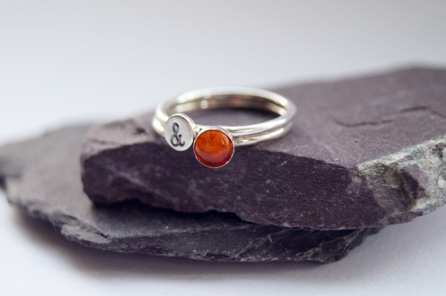Personalised Gemstone & Stamped Sterling Silver Ring Duo