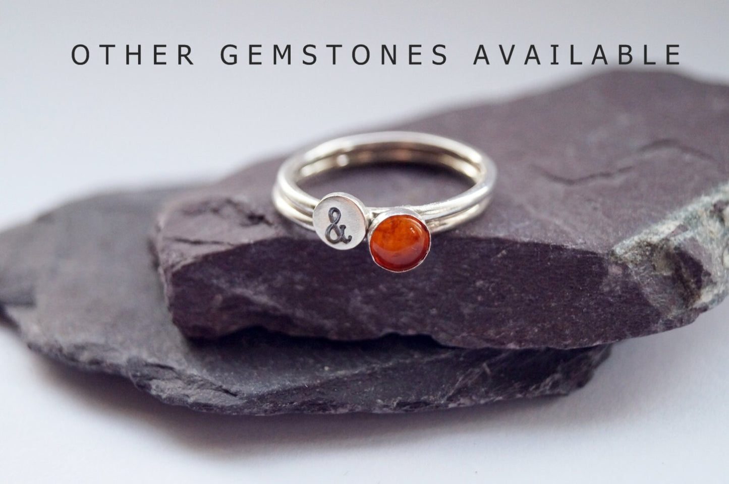 Personalised Gemstone & Stamped Sterling Silver Ring Duo
