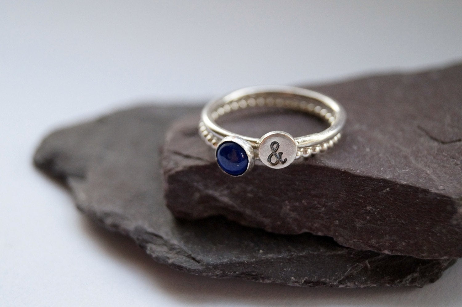 Personalised Beaded Gemstone & Stamped Sterling Silver Ring Duo