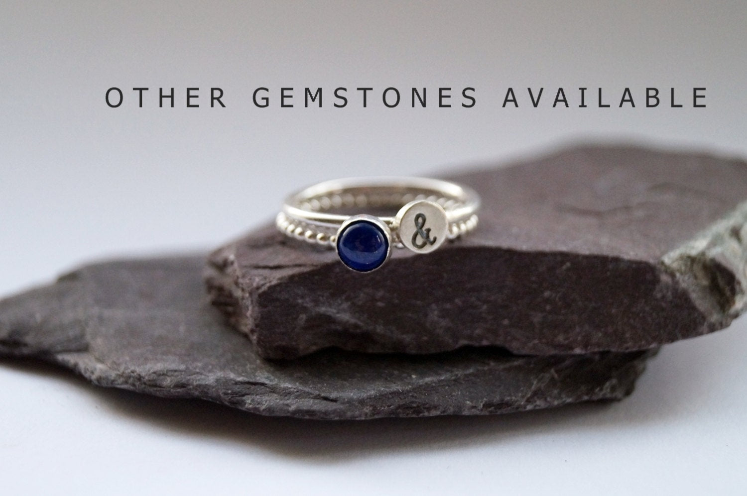 Personalised Beaded Gemstone & Stamped Sterling Silver Ring Duo
