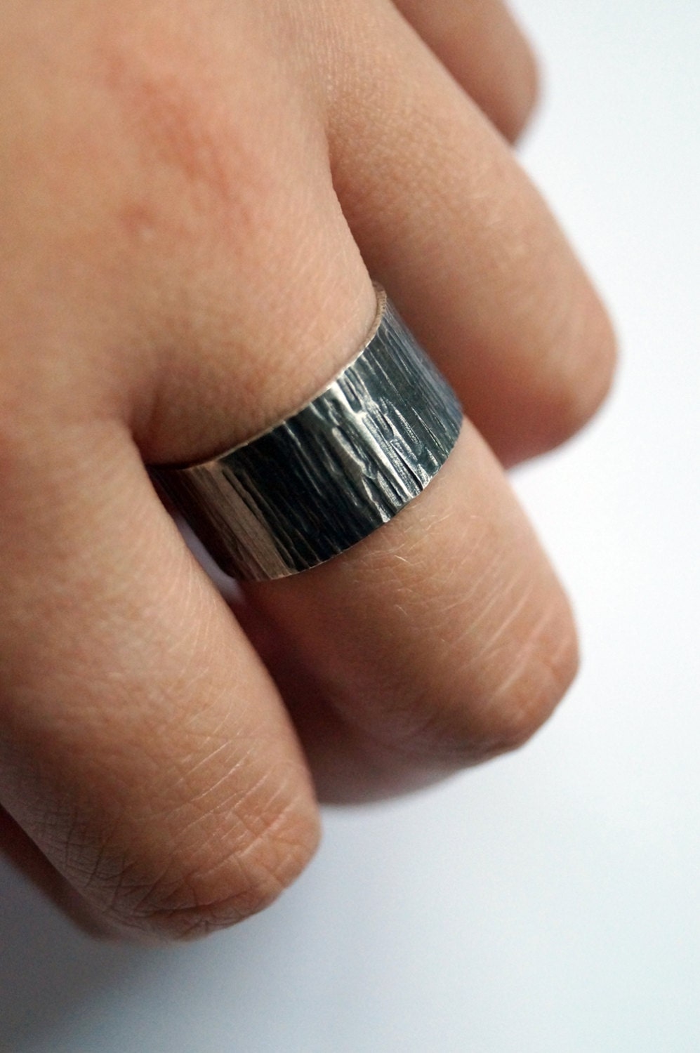 Recycled Sterling Silver Wood Grain Wide Ring ~ chunky ring, statement, unisex, men's ring, oxidised, hammered, tree bark
