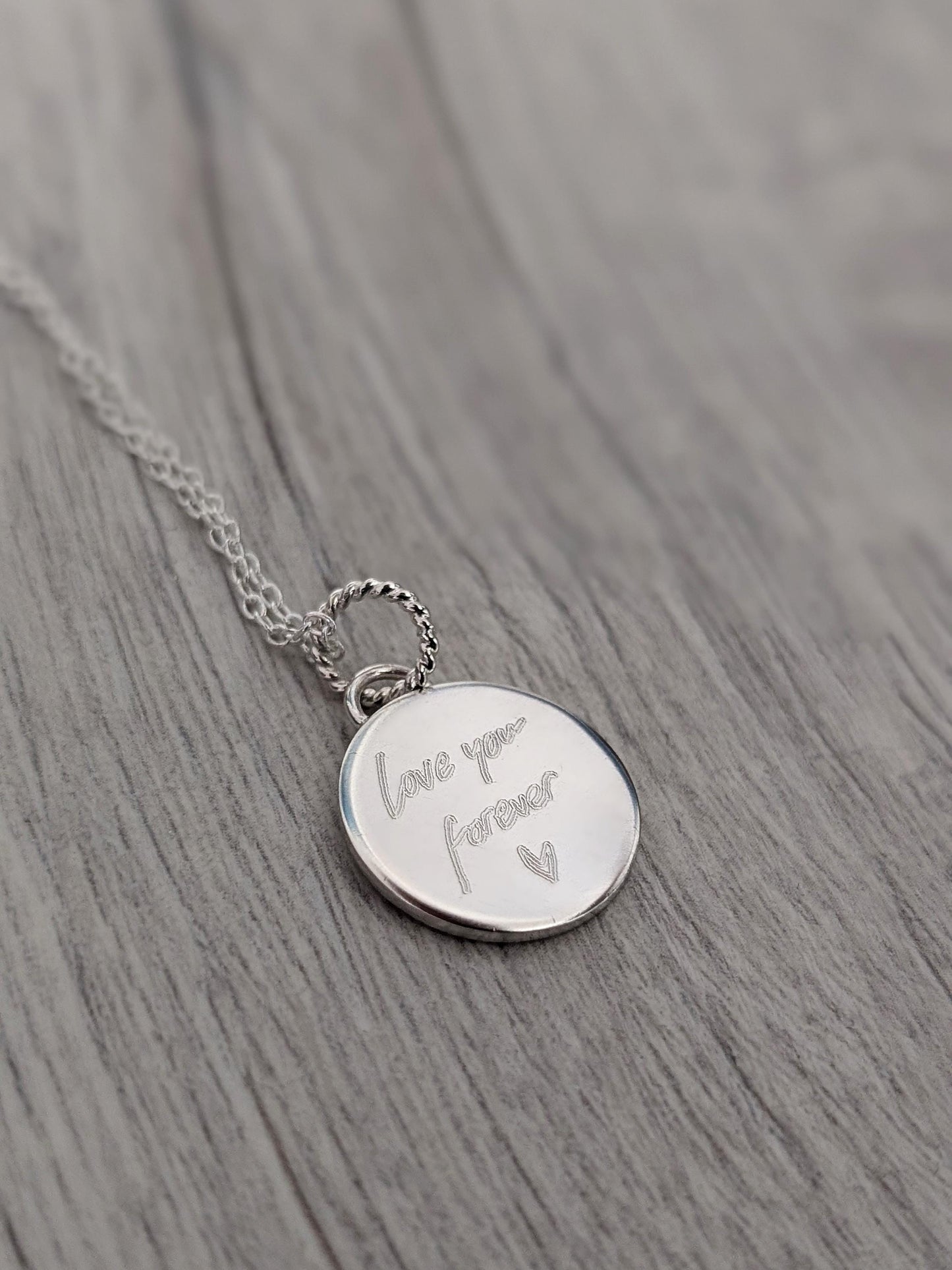 Handwriting Personalised Sterling Silver Necklace ~ real handwriting, engraved, birthday, gift for her, co-ordinates, name, round pendant