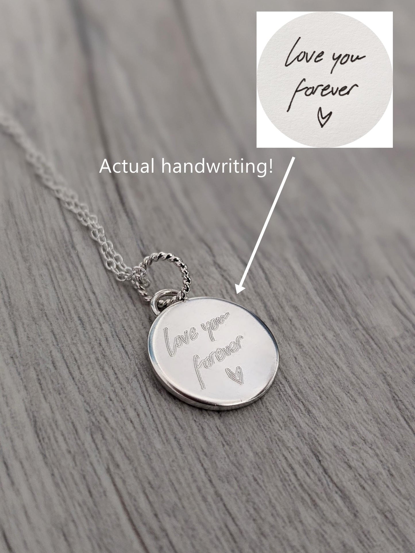 Handwriting Personalised Sterling Silver Necklace ~ real handwriting, engraved, birthday, gift for her, co-ordinates, name, round pendant