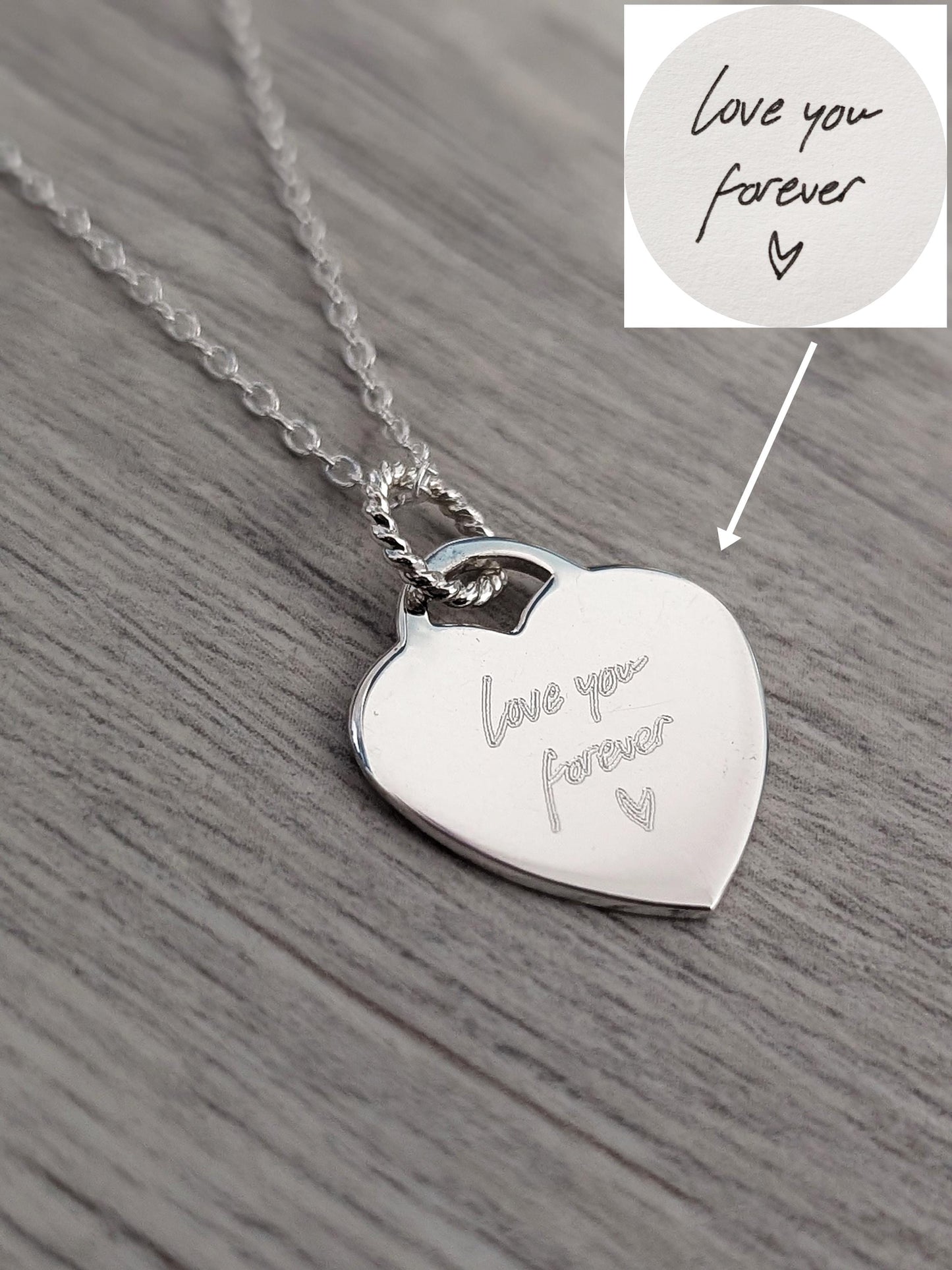 Handwriting Personalised Heart Sterling Silver Necklace ~ real handwriting, engraved, birthday, gift for her, co-ordinates, name