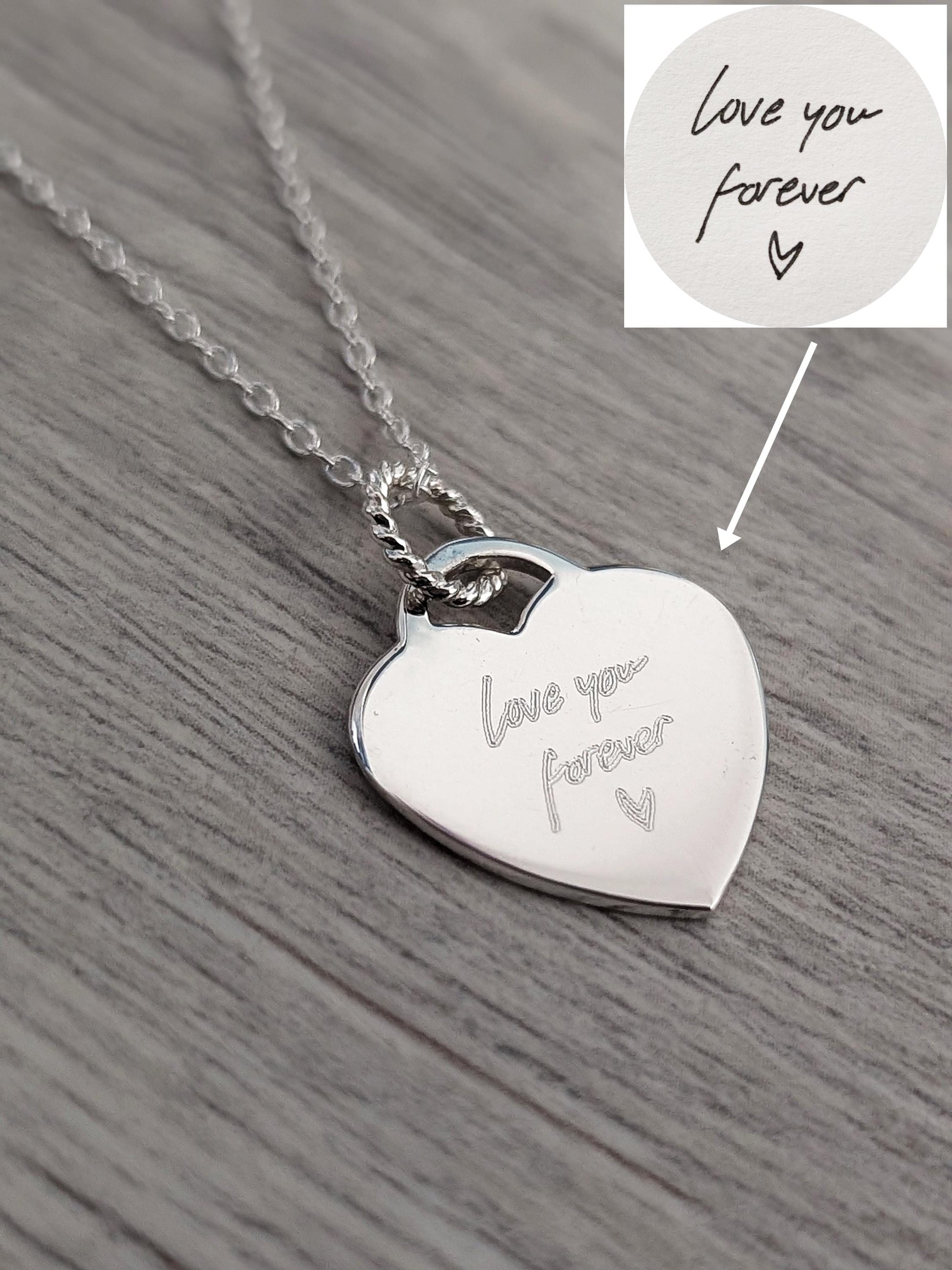Handwriting Personalised Heart Sterling Silver Necklace ~ real handwriting, engraved, birthday, gift for her, co-ordinates, name