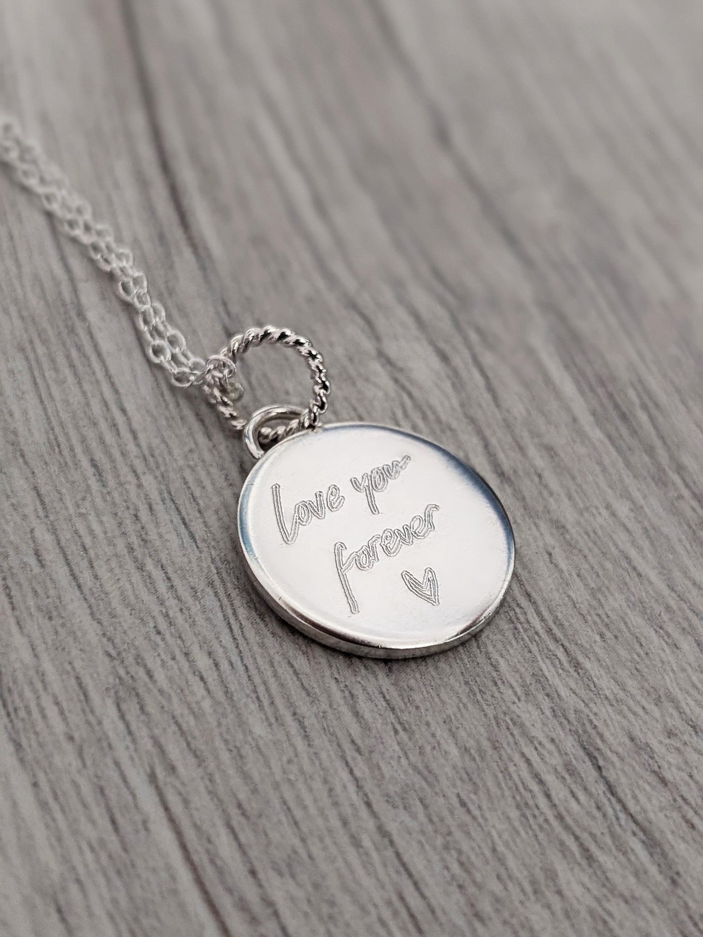 Handwriting Personalised Sterling Silver Necklace ~ real handwriting, engraved, birthday, gift for her, co-ordinates, name, round pendant