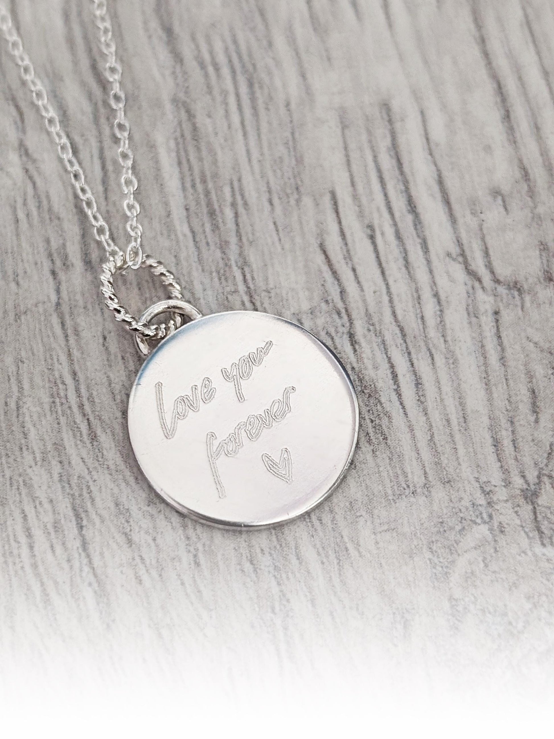 Handwriting Personalised Sterling Silver Necklace ~ real handwriting, engraved, birthday, gift for her, co-ordinates, name, round pendant