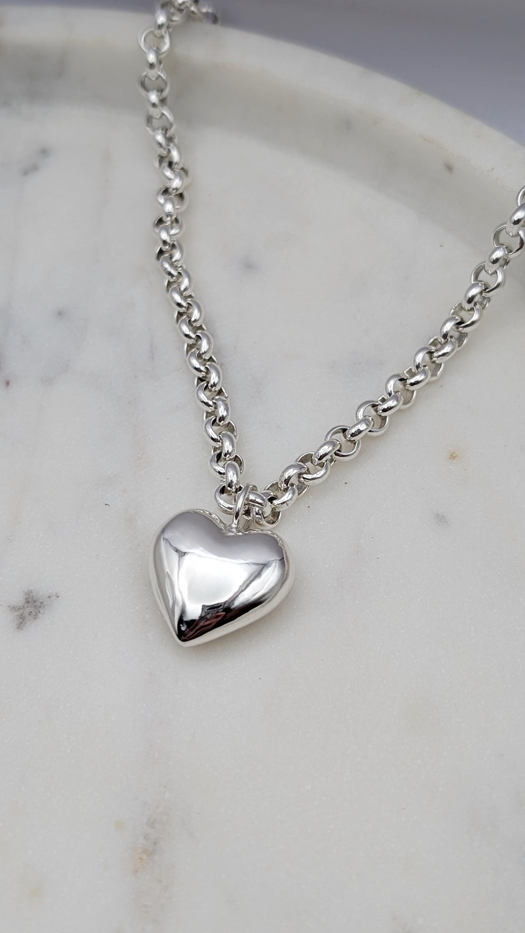 Heavy Chunky Solid Heart Sterling Silver Necklace