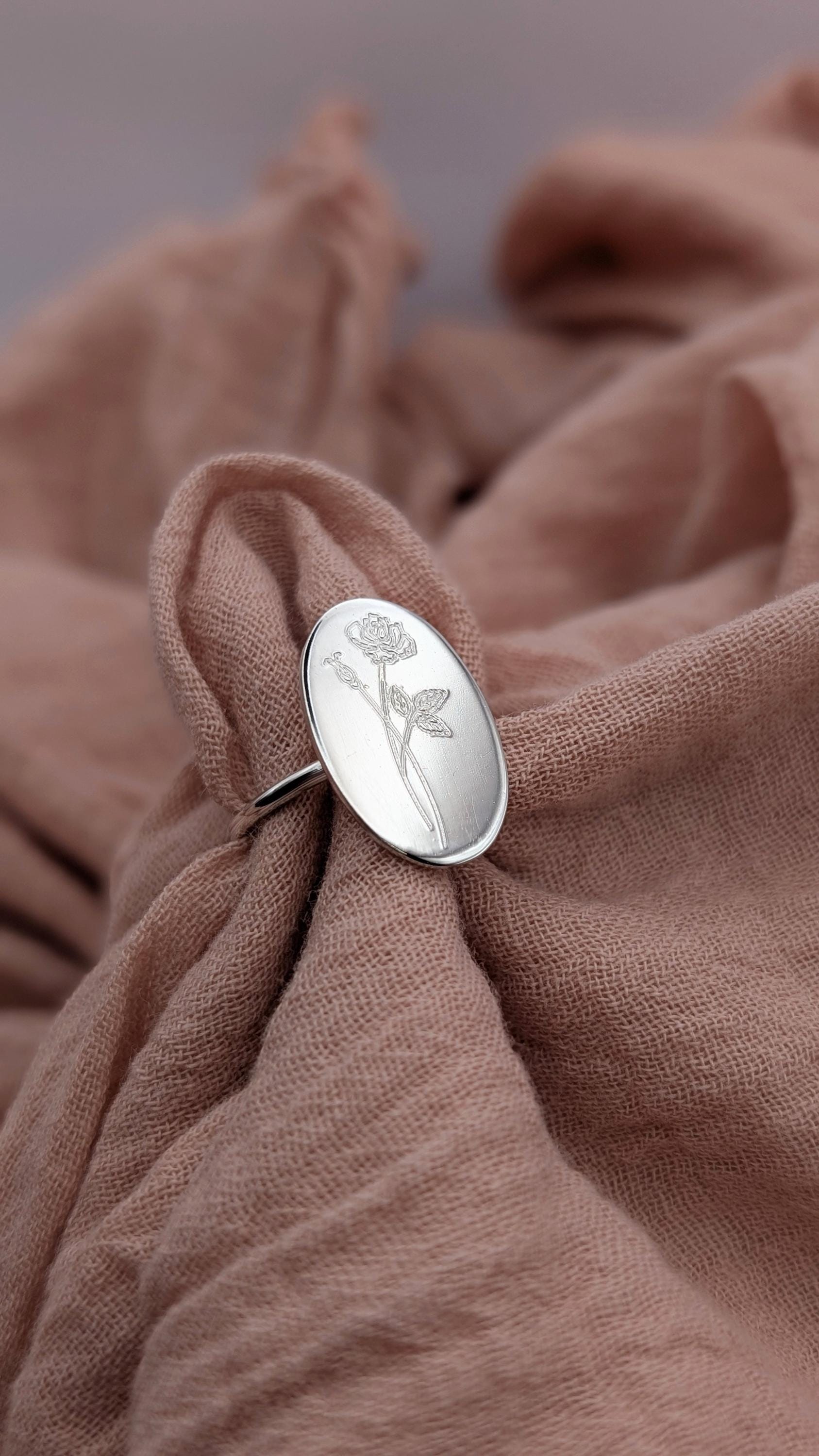 Personalised Birth Flower Ring Sterling Silver ~ engraved, birthday, gift for her, name, best friend