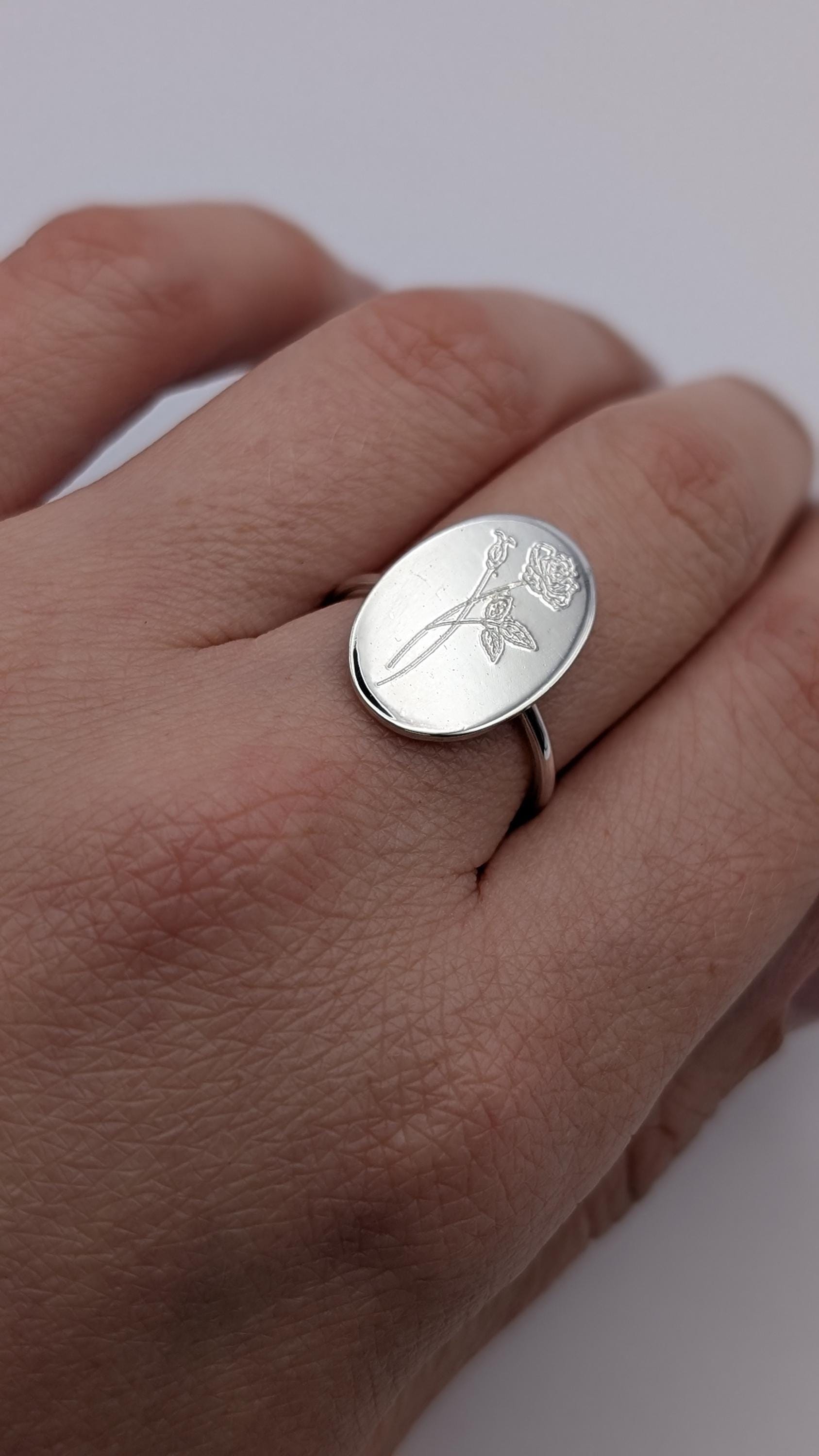 Personalised Birth Flower Ring Sterling Silver ~ engraved, birthday, gift for her, name, best friend