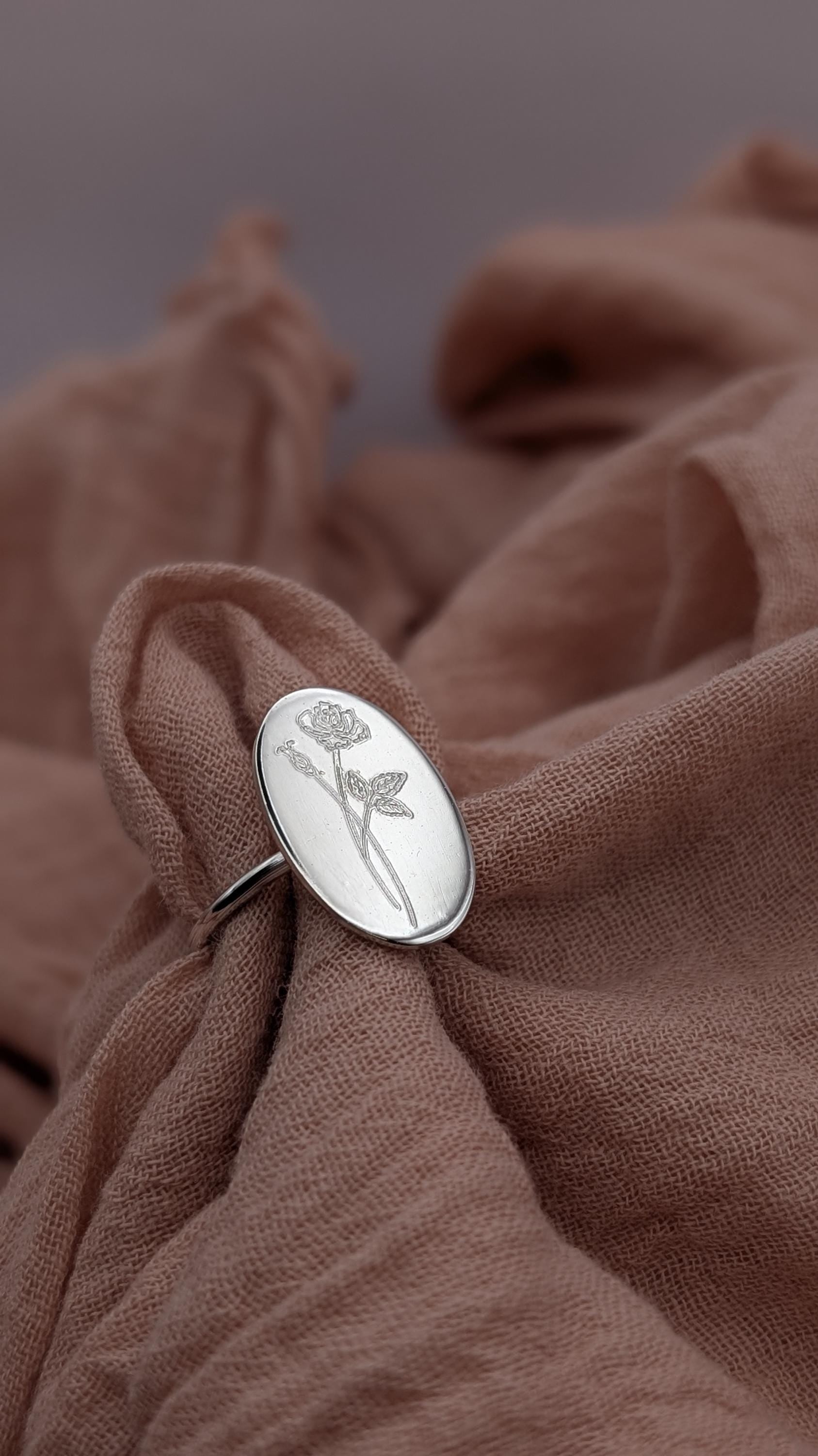 Personalised Birth Flower Ring Sterling Silver ~ engraved, birthday, gift for her, name, best friend