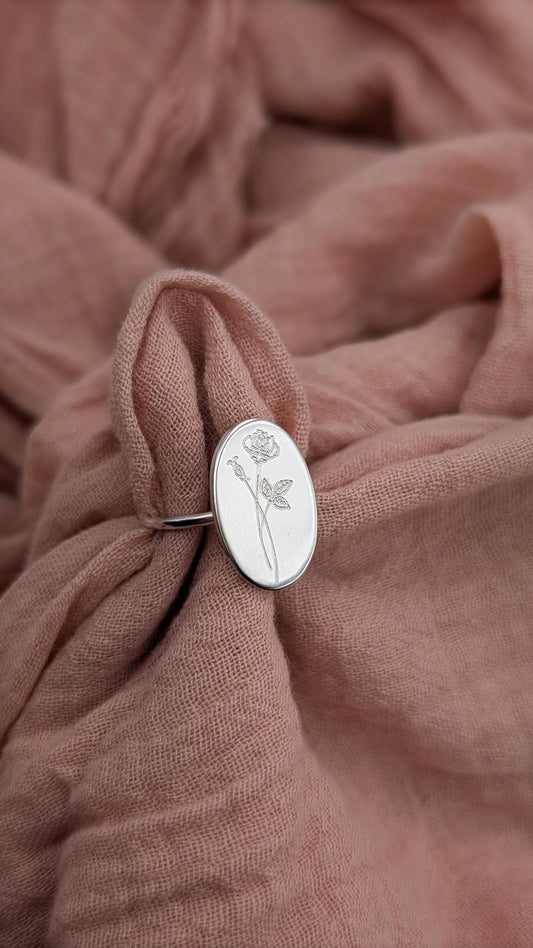 Personalised Birth Flower Ring Sterling Silver ~ engraved, birthday, gift for her, name, best friend