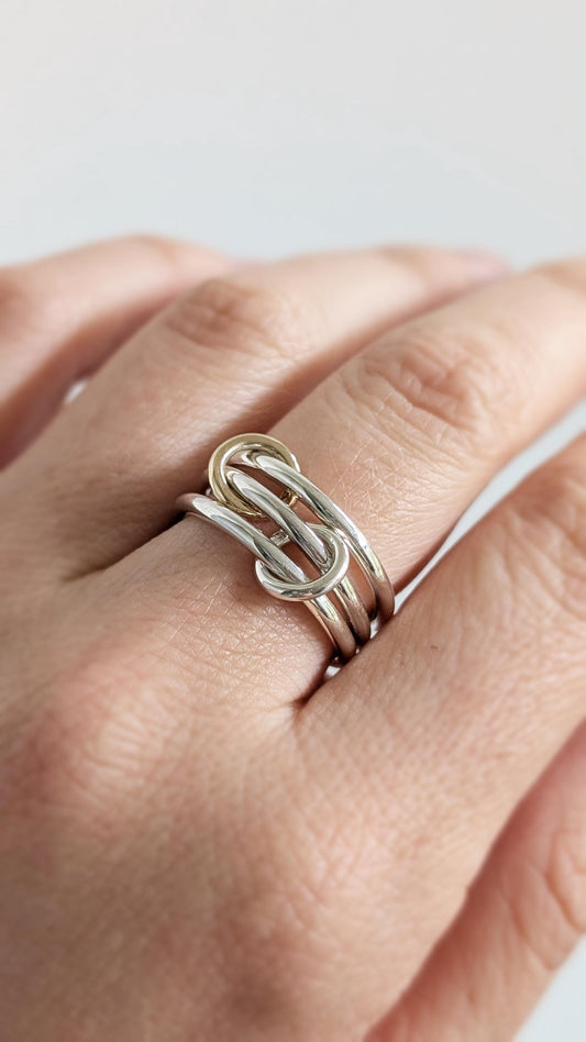 Heavy Sterling Silver & 9ct Gold Triple Links Ring ~ solid gold, interlocking, recycled metals, textured, stacking