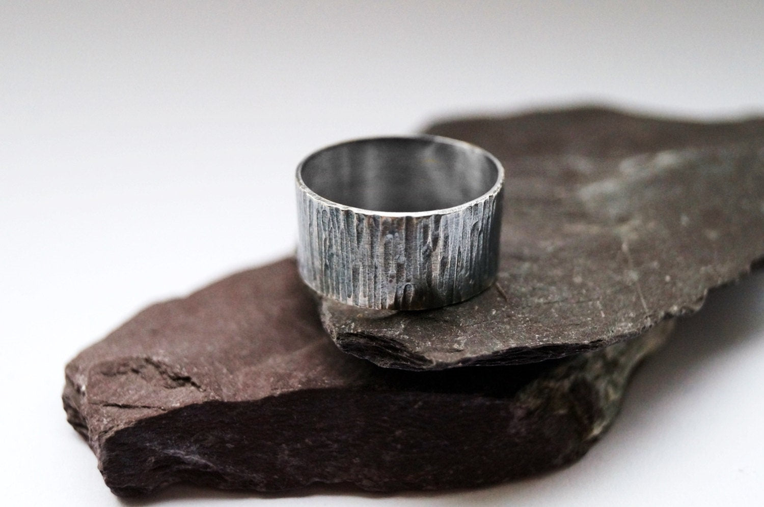 Recycled Sterling Silver Wood Grain Wide Ring ~ chunky ring, statement, unisex, men's ring, oxidised, hammered, tree bark