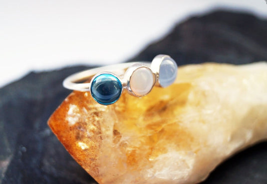 Into the Sea - Triple Gemstone Recycled Sterling Silver Ring ~ blue topaz, opal, chalcedony, wedding, bridesmaids