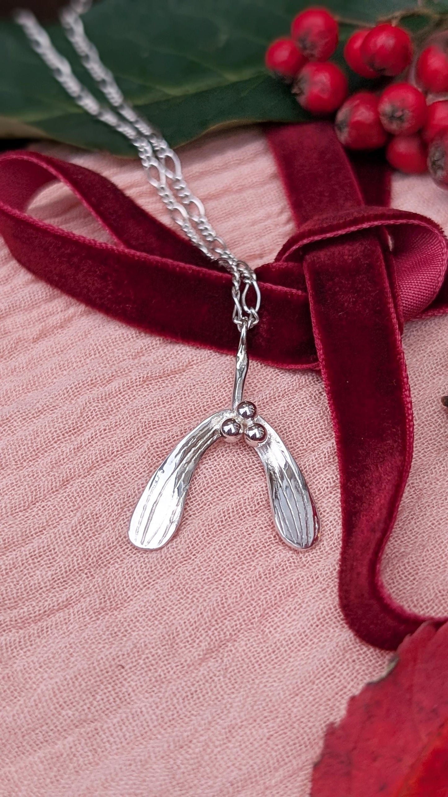 Mistletoe Recycled Sterling Silver Pendant Necklace ~ Christmas Jewellery, valentine's, love gift, girlfriend, wife, best friend, keepsake