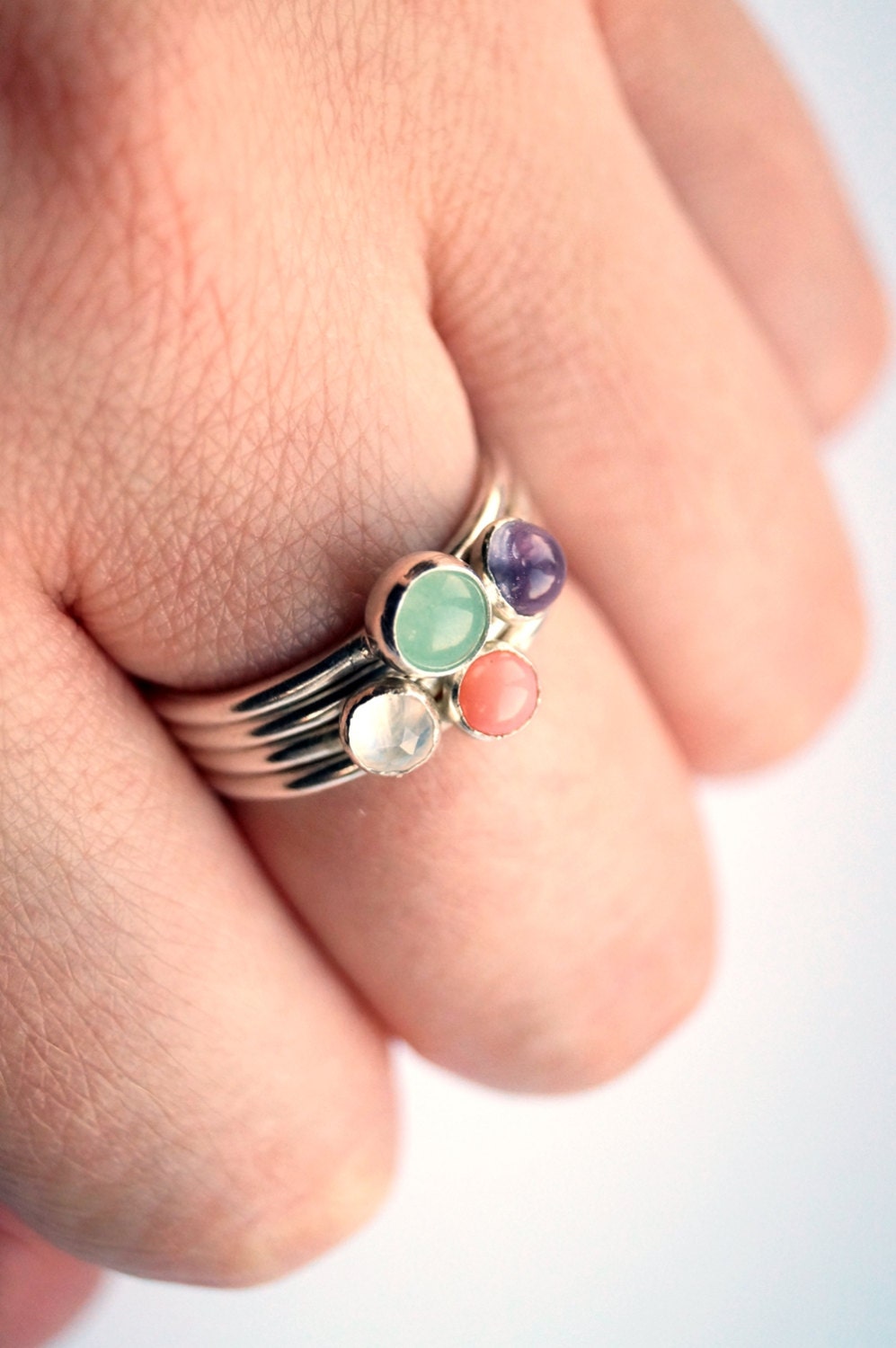 Four Gemstone Recycled Sterling Silver Ring Stack ~ statement ring, stacking ring, gemstone, unique, beaded, birthstone
