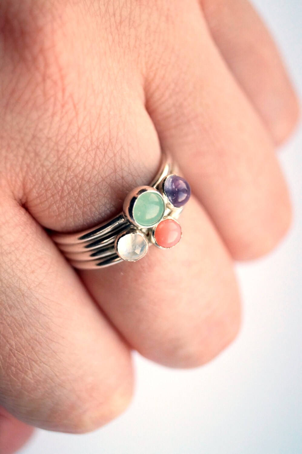 Four Gemstone Recycled Sterling Silver Ring Stack