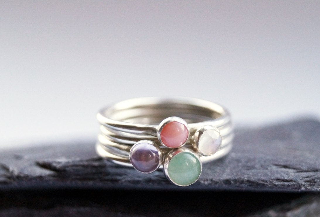 Four Gemstone Recycled Sterling Silver Ring Stack