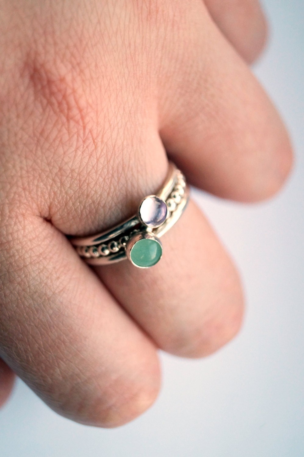 Gemstone Beaded Recycled Sterling Silver Ring Stack