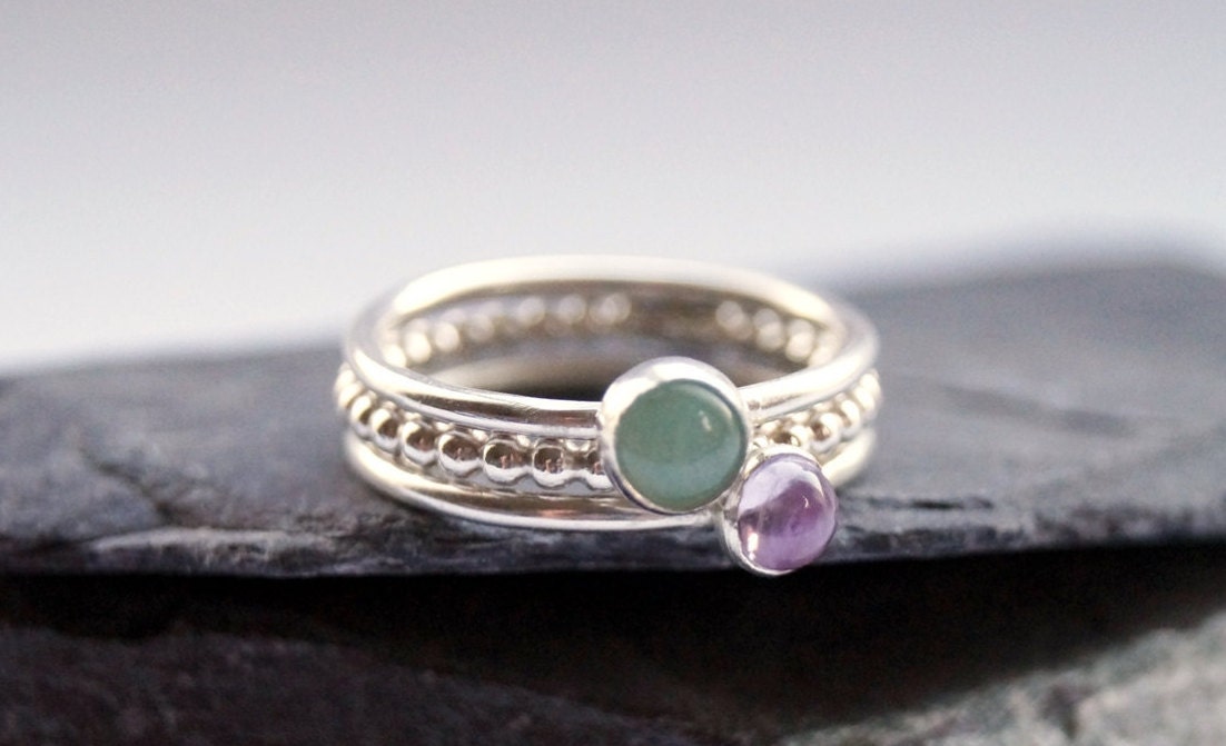 Gemstone Beaded Recycled Sterling Silver Ring Stack