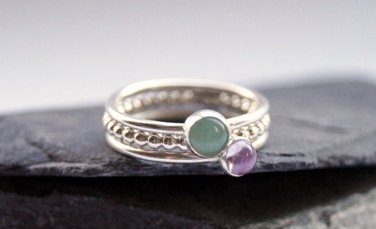 Gemstone Beaded Recycled Sterling Silver Ring Stack