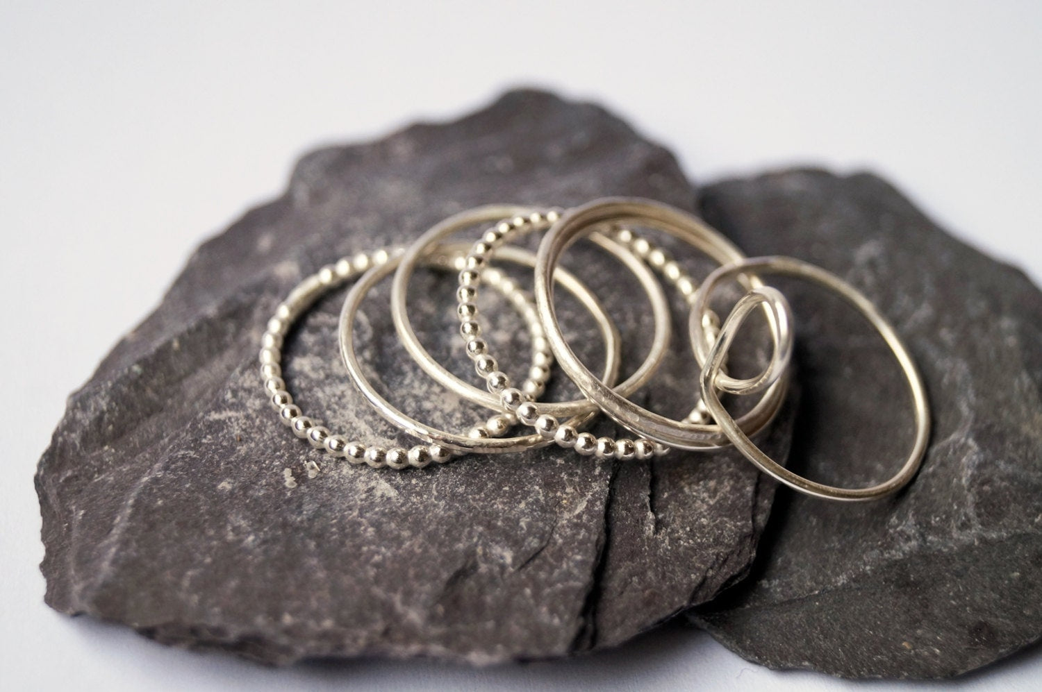 Seven Skinny Recycled Sterling Silver Stacking Rings - hammered, silver bands, oxidised, stackable, thin rings, thin band, textured