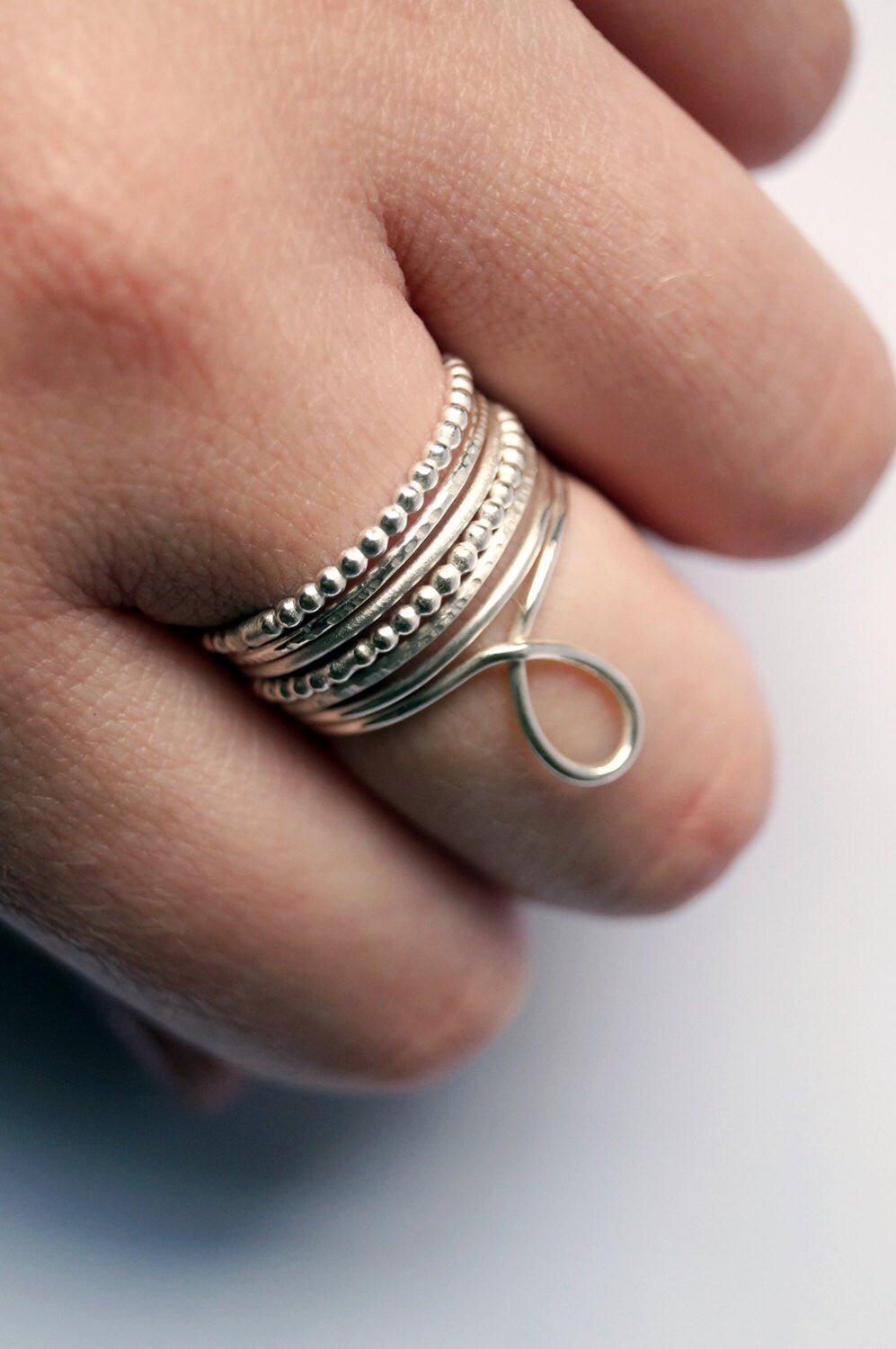 Seven Skinny Recycled Sterling Silver Stacking Rings - hammered, silver bands, oxidised, stackable, thin rings, thin band, textured