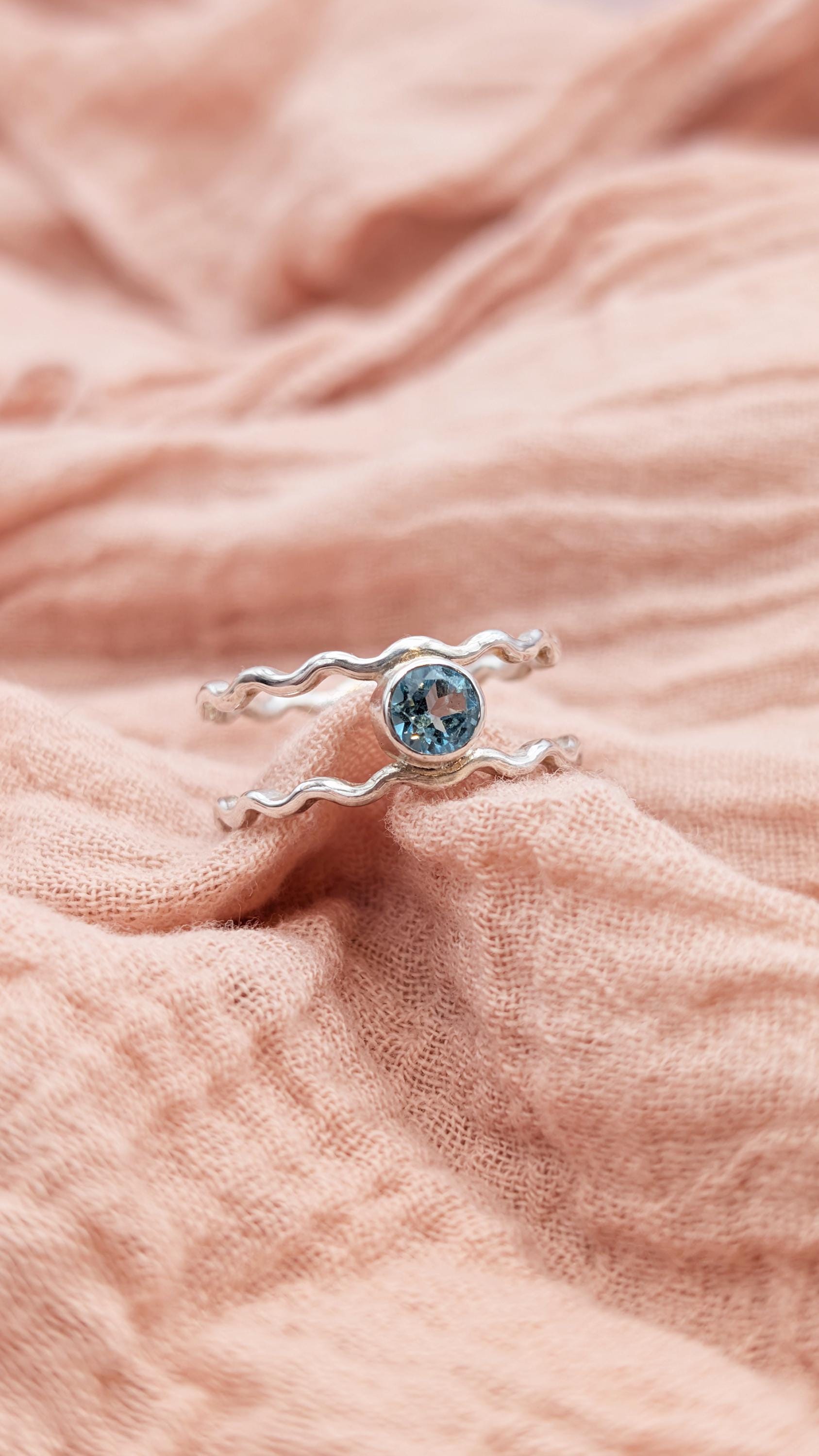 Ocean Blue Apatite Double Wave Sterling Silver Ring ~ statement gemstone band, mermaid, sea theme, nautical