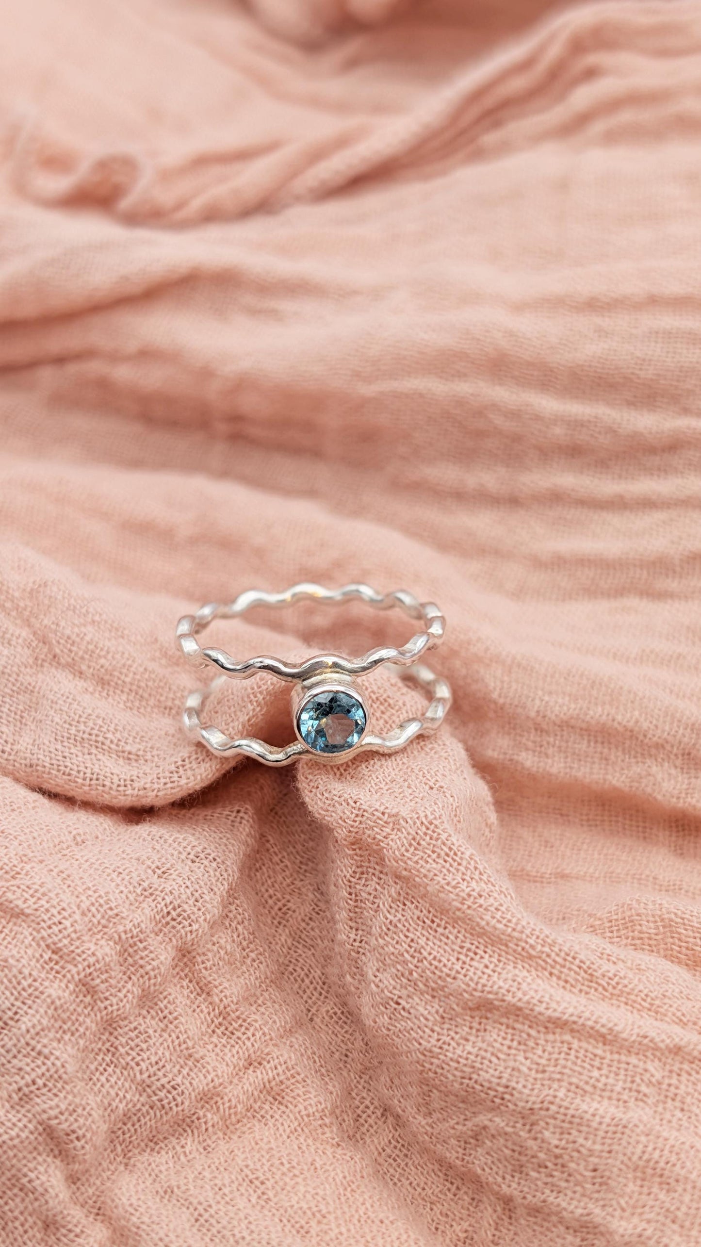 Ocean Blue Apatite Double Wave Sterling Silver Ring ~ statement gemstone band, mermaid, sea theme, nautical