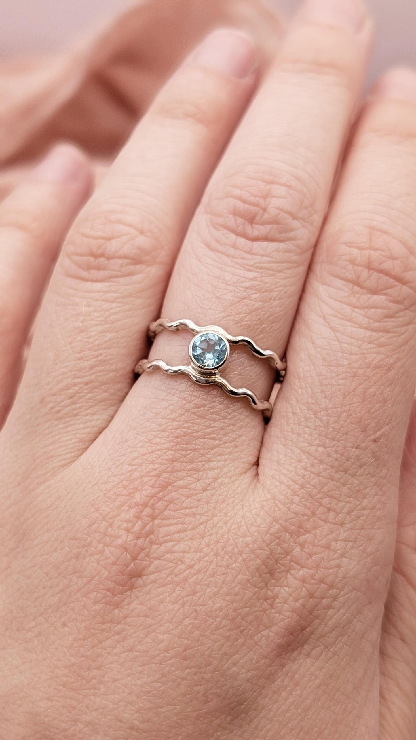 Ocean Blue Apatite Double Wave Sterling Silver Ring ~ statement gemstone band, mermaid, sea theme, nautical