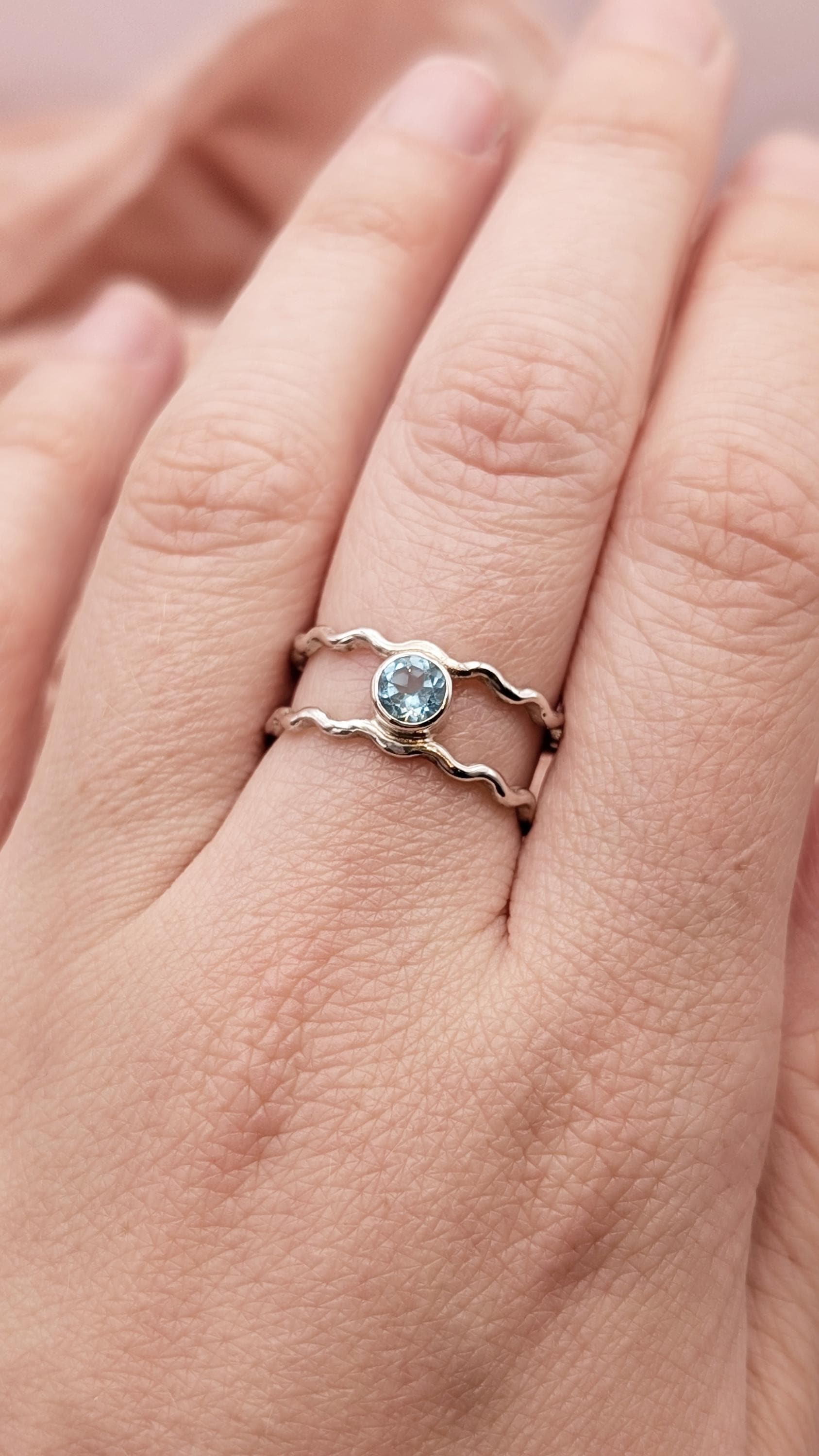 Ocean Blue Apatite Double Wave Sterling Silver Ring ~ statement gemstone band, mermaid, sea theme, nautical