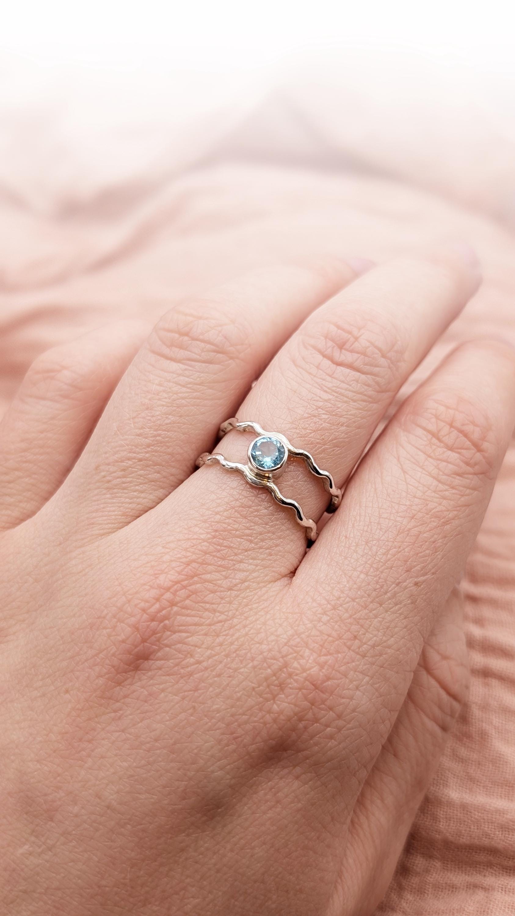 Ocean Blue Apatite Double Wave Sterling Silver Ring ~ statement gemstone band, mermaid, sea theme, nautical