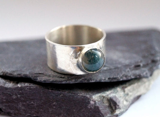 Green Moss Agate Wide Sterling Silver Ring