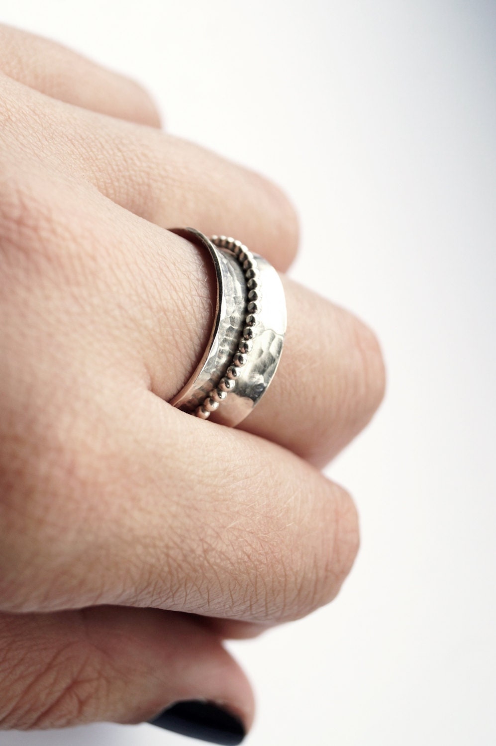 Recycled Dimpled Wide Sterling Silver Spinner Ring ~ spinning ring, hammered, texture, statement ring, meditation, anxiety ring, fidget