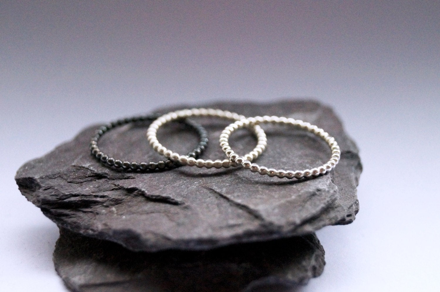 Three Ombre Beaded Recycled Sterling Silver Stacking Rings