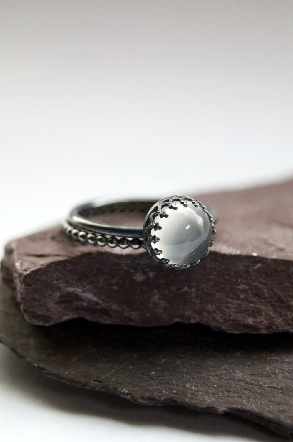Gothic Crown Moonstone Recycled Sterling Silver Ring Stack